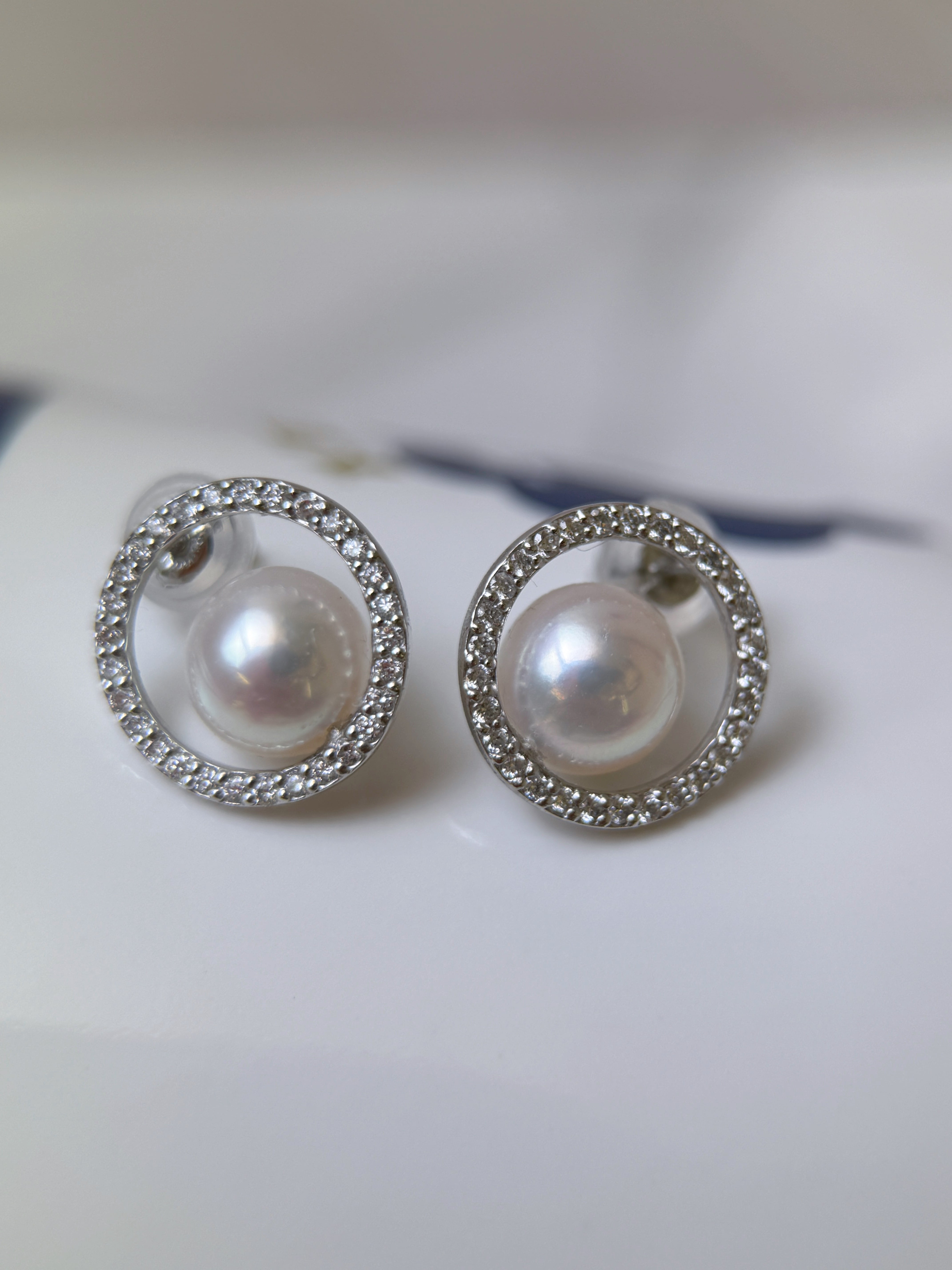 Platinum Akoya Pearl Diamond Halo Stud Earrings 0.14ct Each