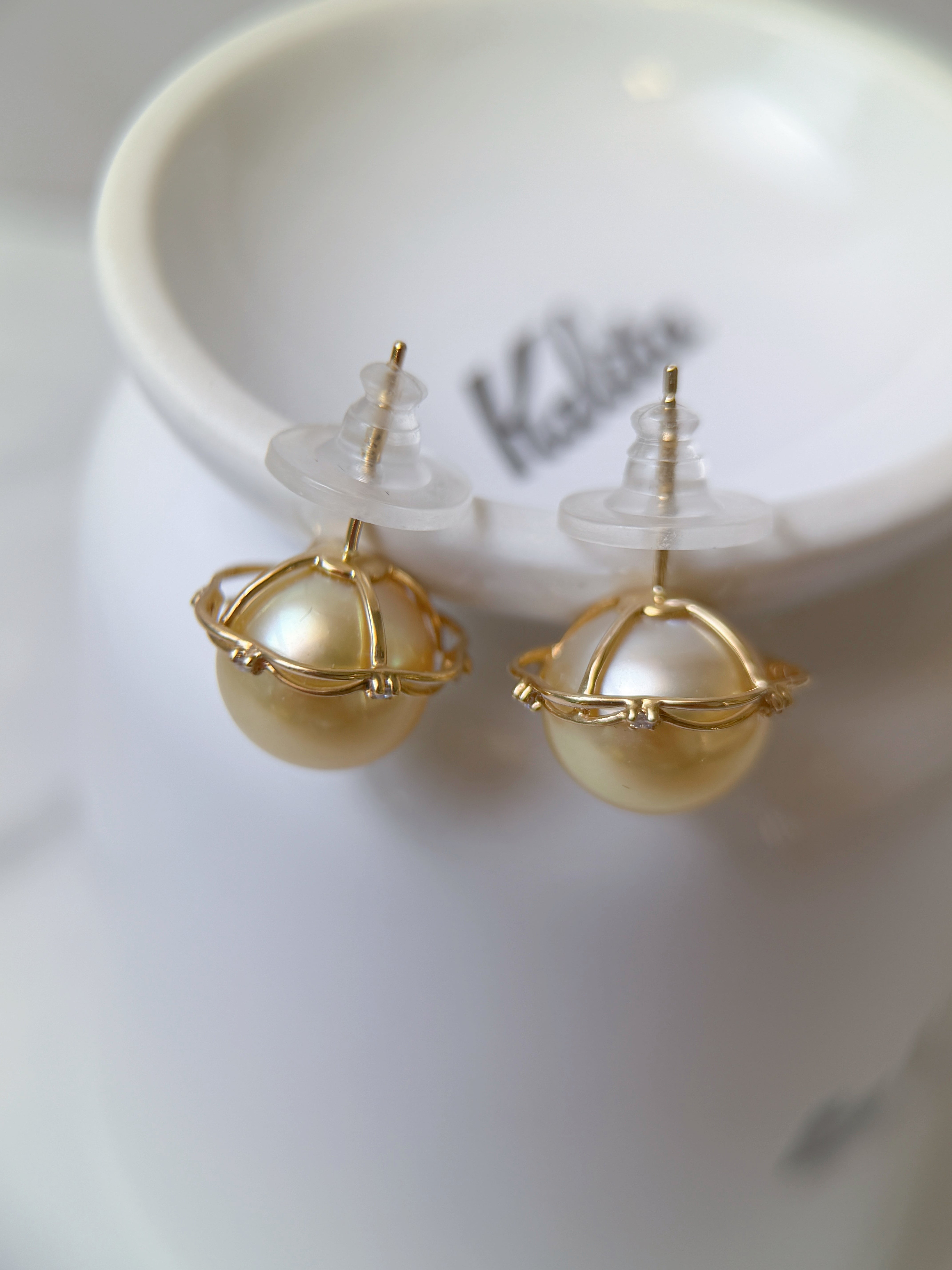 K18 Gold Golden South Sea Pearl Floral Diamond Halo Stud Earrings