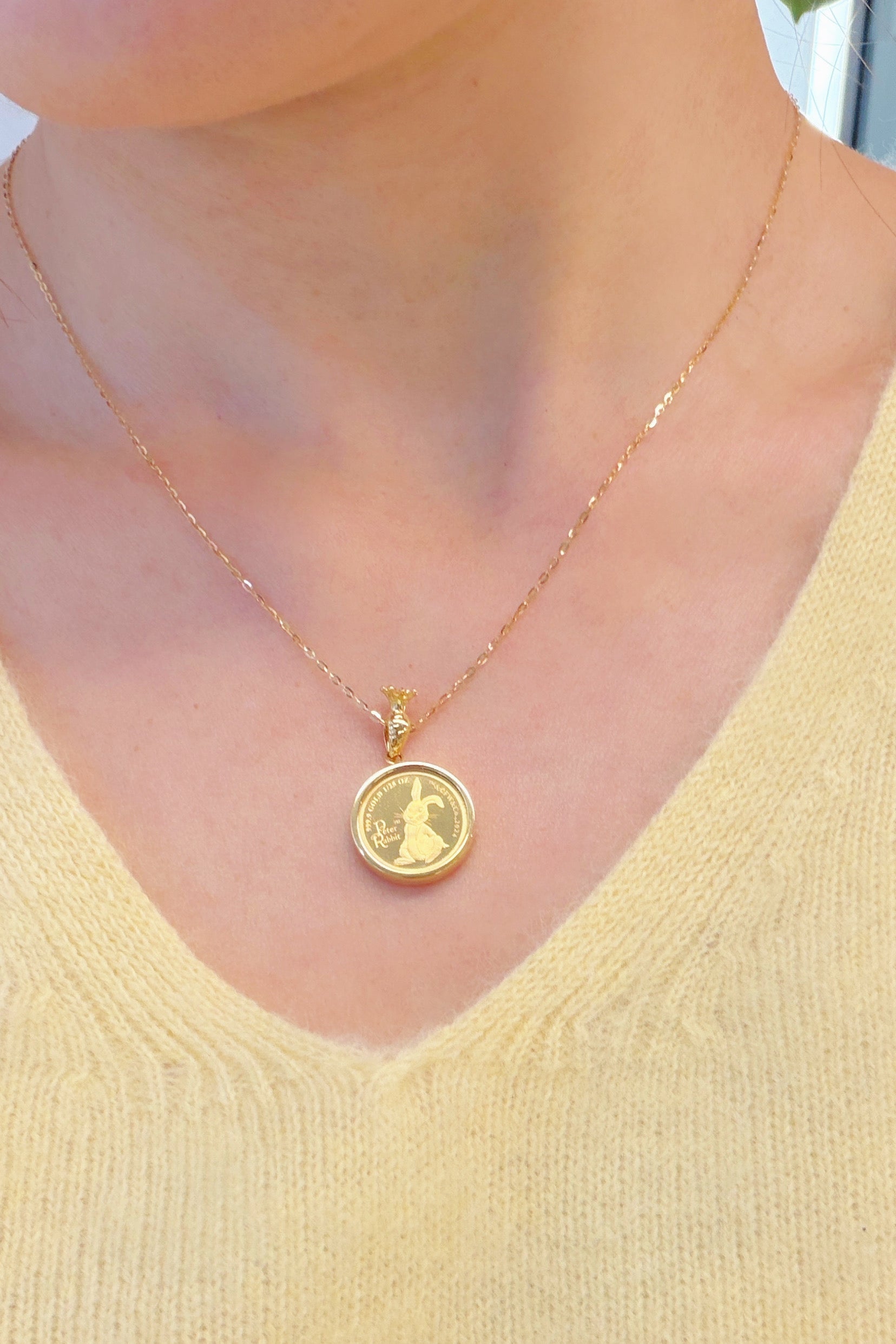 24K Peter Rabbit Gold Coin Pendant with 18K Gold Setting