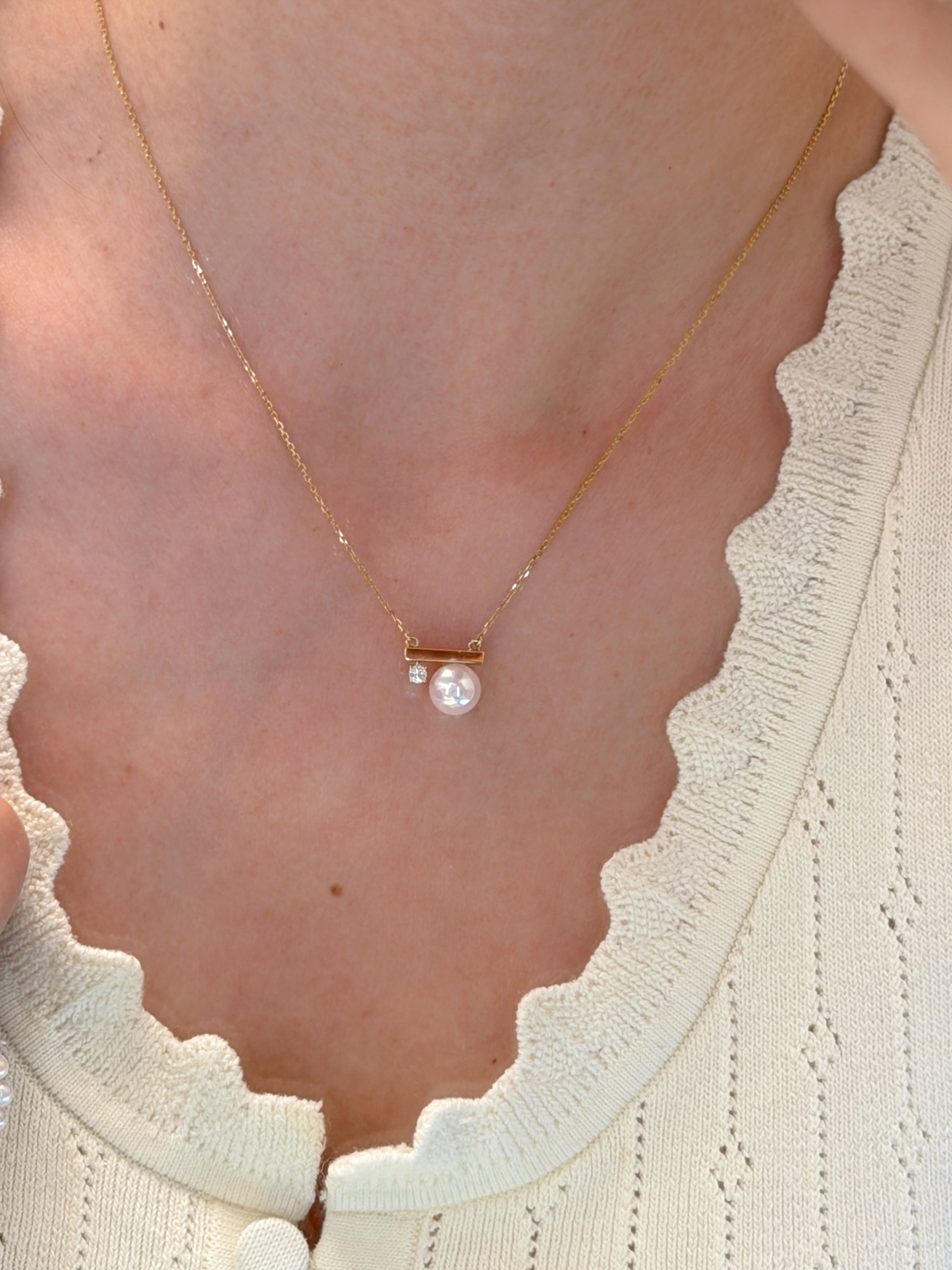 K18 Yellow Gold Akoya Pearl Necklace with Natural Diamond Accent