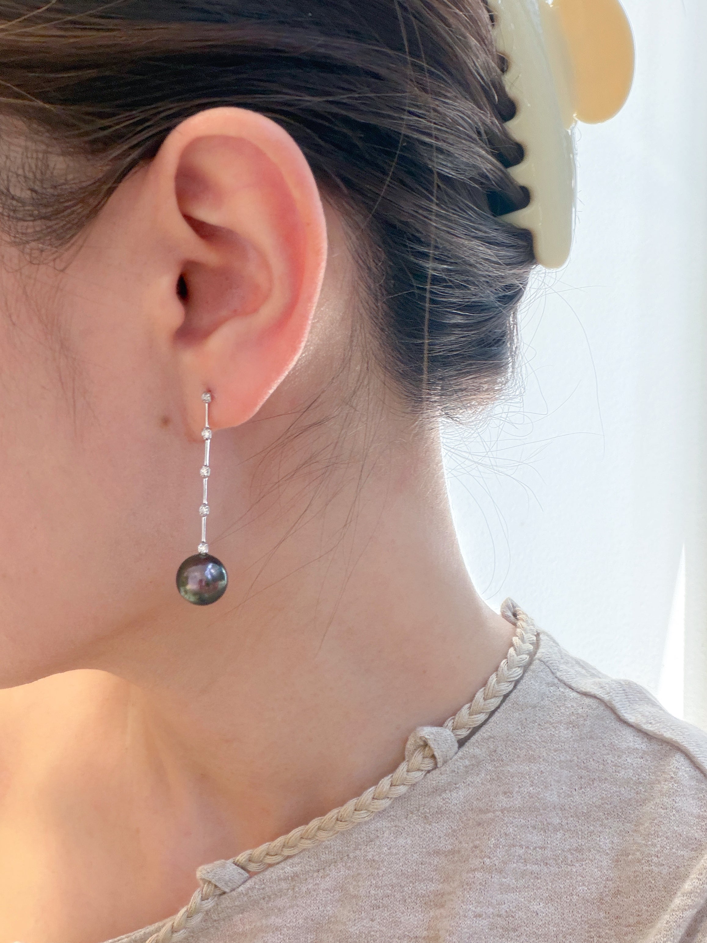 K18 Tahitian Black Pearl & Natural Diamond Long Drop Earrings