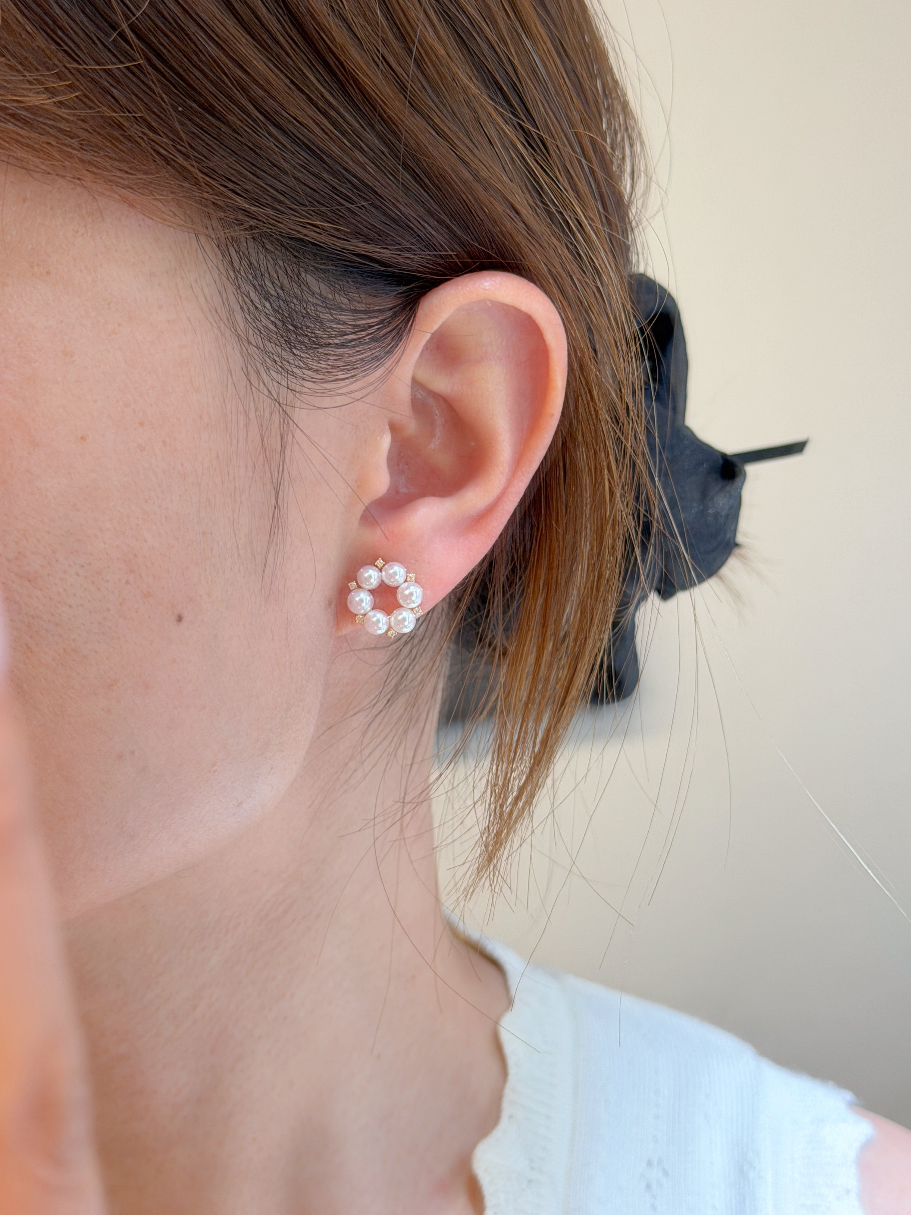 Japanese Akoya Pearl & Natural Diamond K18 Gold Flower Stud Earrings