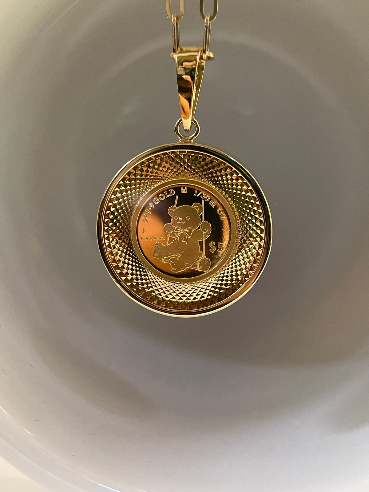 ⭐️Royal Mint Teddy Bear 999.9 Fine Gold 12mm Coin Pendant Necklace, Limited Edition of 1000
