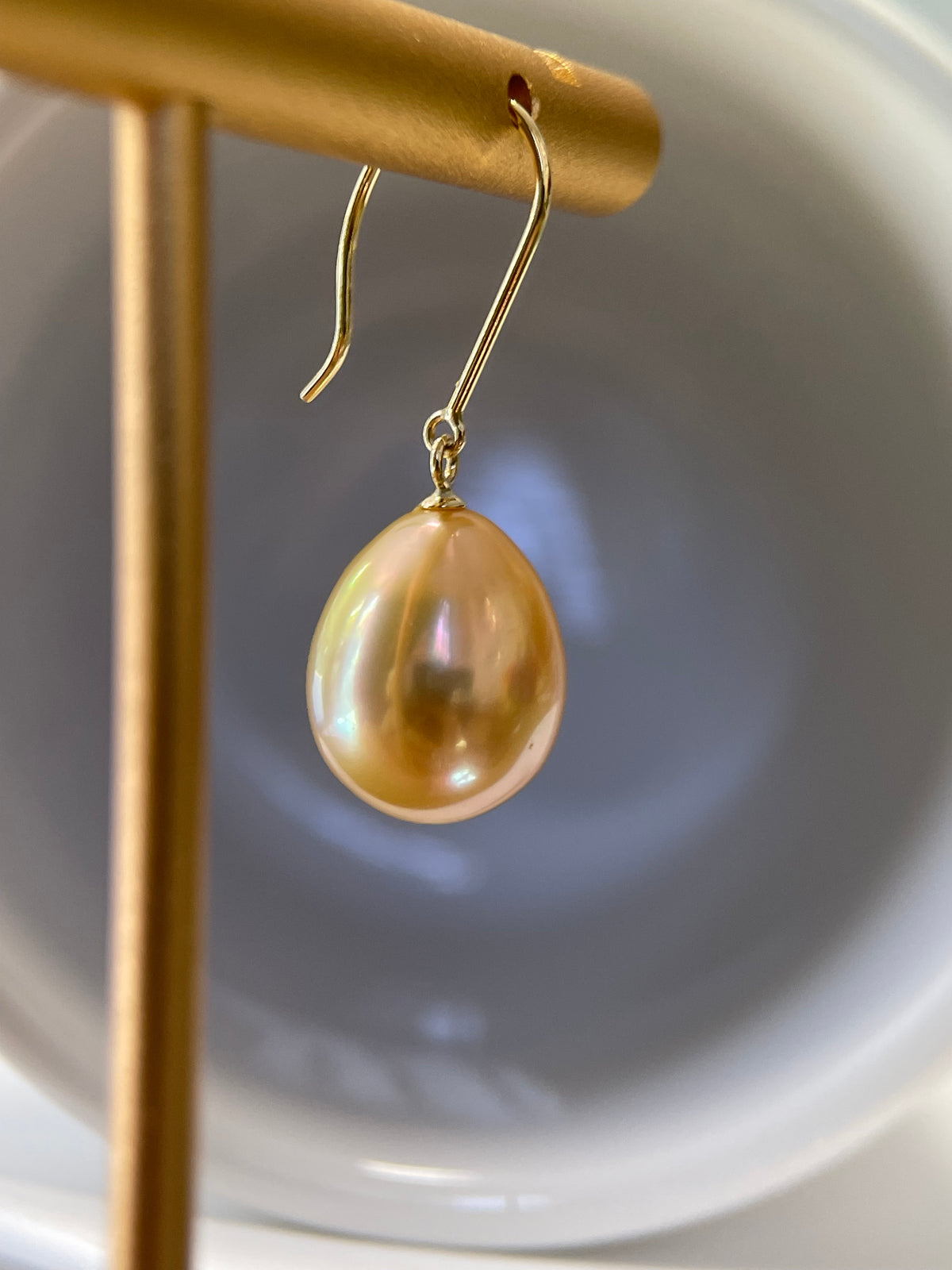 18K Gold Golden South Sea Pearl Drop Earrings – 10mm