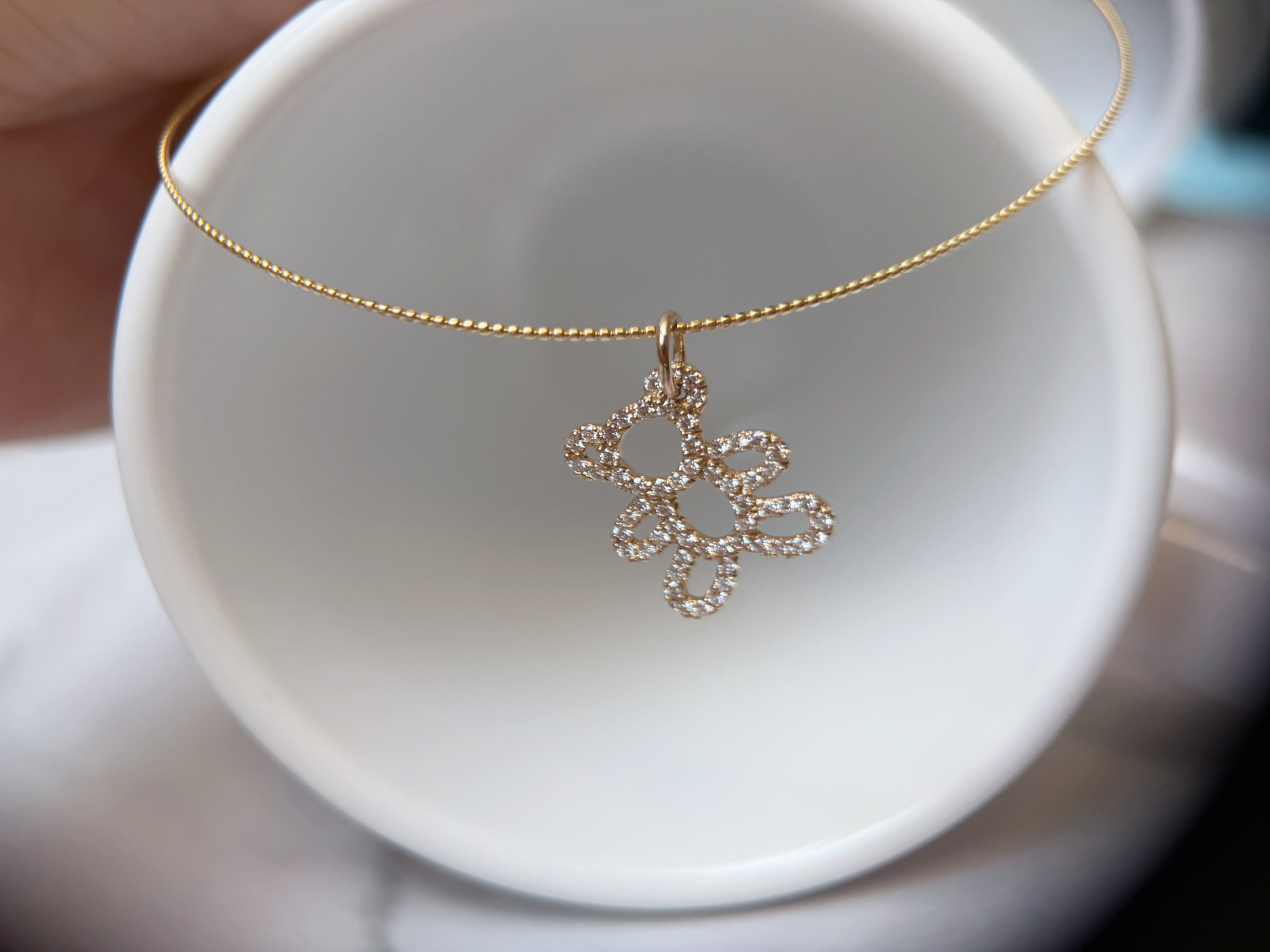 K18 Gold Pavé Natural Diamond Teddy Bear Pendant Necklace