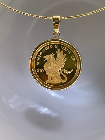 ⭐️24K Griffin Gold Coin Pendant with 18K Gold Bezel