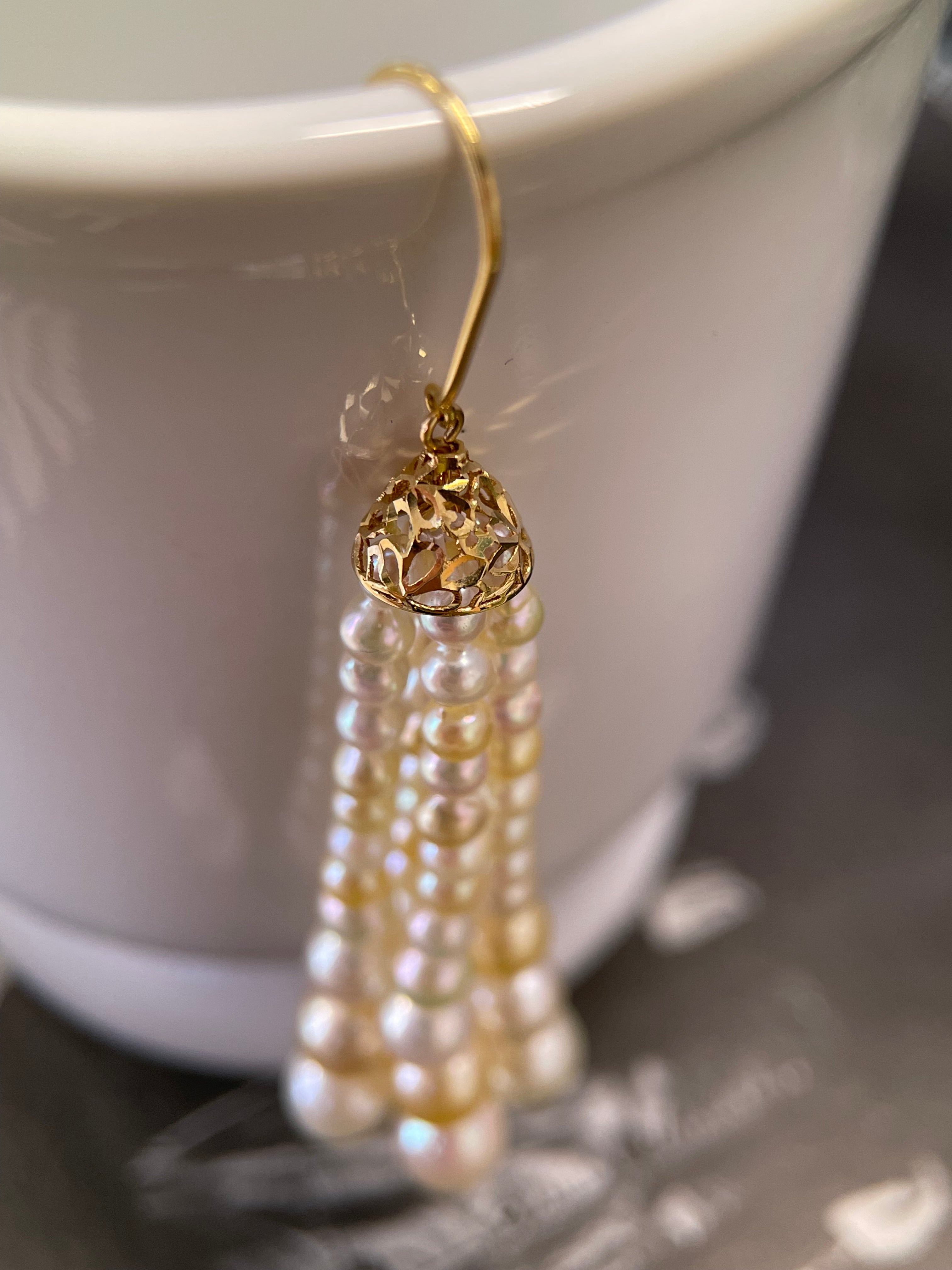 Akoya Pearl Lace Tassel Drop Earrings
