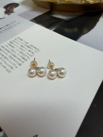 18K Gold Twin  6mm Akoya Pearl Drop Stud Earrings