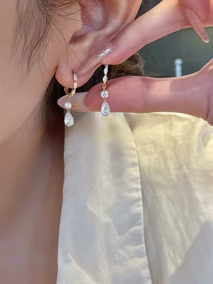 18K Gold Pear Drop Lab-Grown Diamond Huggie Earrings with Round Accents