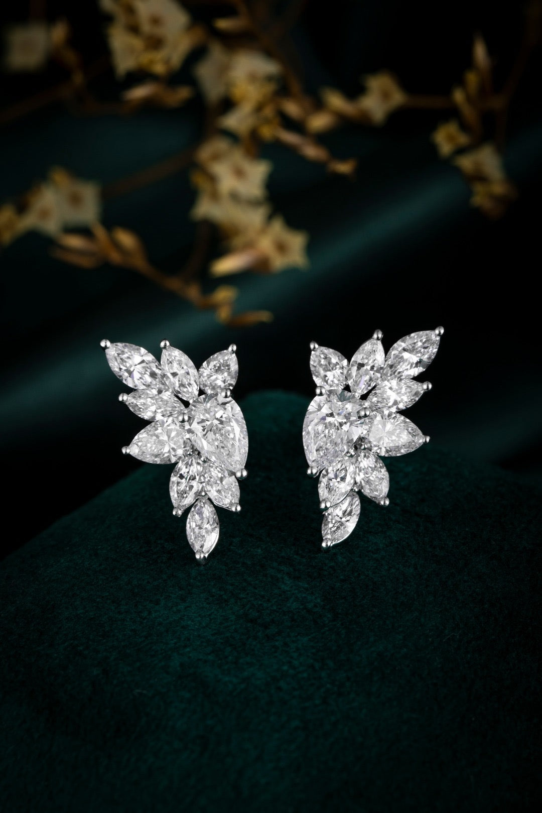 14K White Gold Marquise Diamond Leaf Cluster Stud Earrings