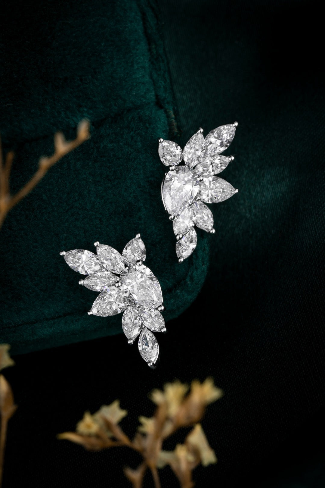 14K White Gold Marquise Diamond Leaf Cluster Stud Earrings