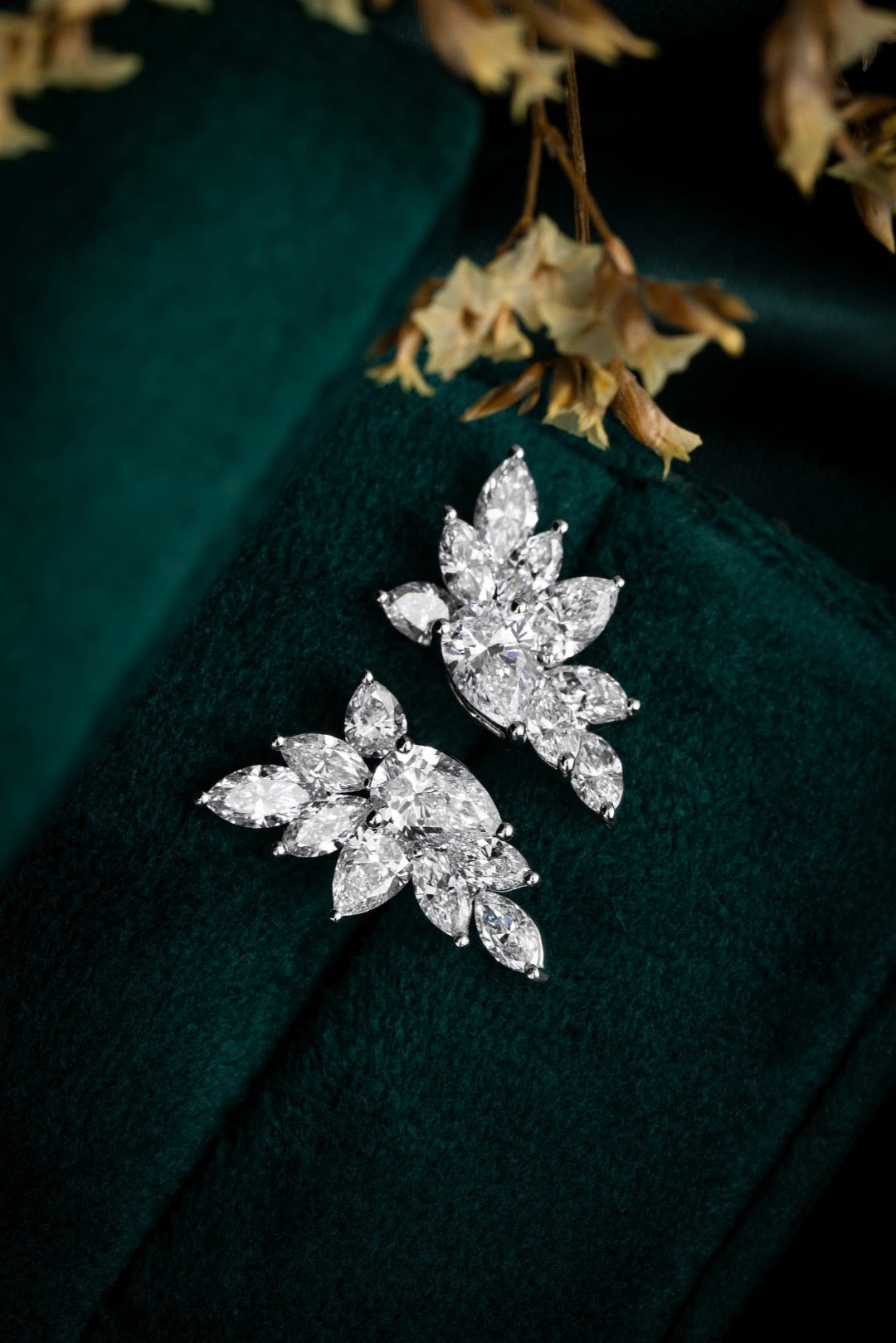 14K White Gold Marquise Diamond Leaf Cluster Stud Earrings