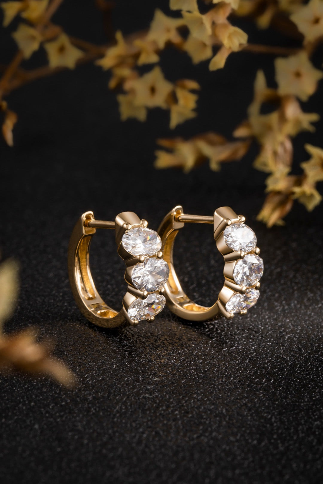 14K Yellow Gold Triple Oval Diamond Huggie Hoop Earrings (≈0.2467ct/p)