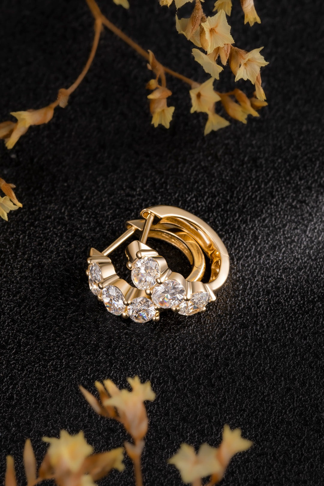 14K Yellow Gold Triple Oval Diamond Huggie Hoop Earrings (≈0.2467ct/p)