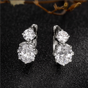 14K White Gold Two-Stone Oval & Round Diamond Huggie Earrings