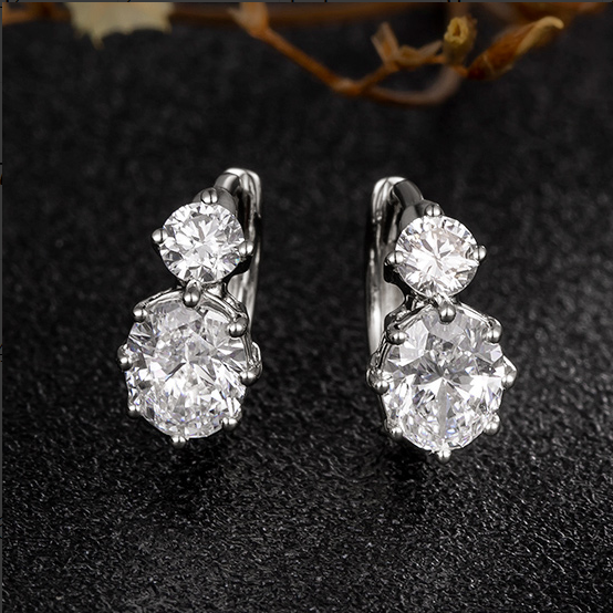 14K White Gold Two-Stone Oval & Round Diamond Huggie Earrings