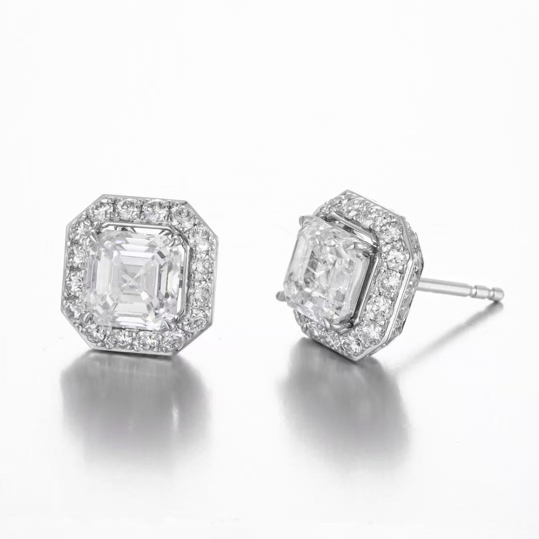 14K White Gold Asscher Cut Halo Diamond Stud Earrings (1.035ct/p Main Stone)