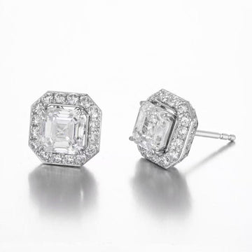 14K White Gold Asscher Cut Halo Diamond Stud Earrings (1.035ct/p Main Stone)