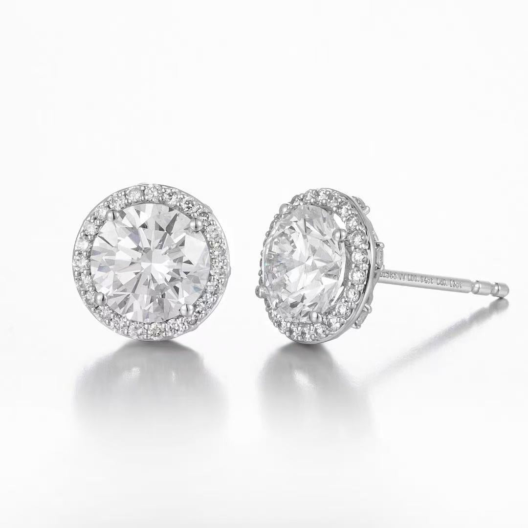 14K White Gold Round Halo Diamond Stud Earrings (0.98ct/p Main Stone)