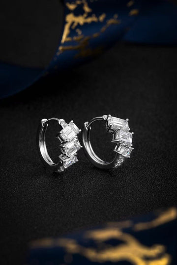 14K White Gold Emerald Cut Cluster Huggie Hoop Earrings