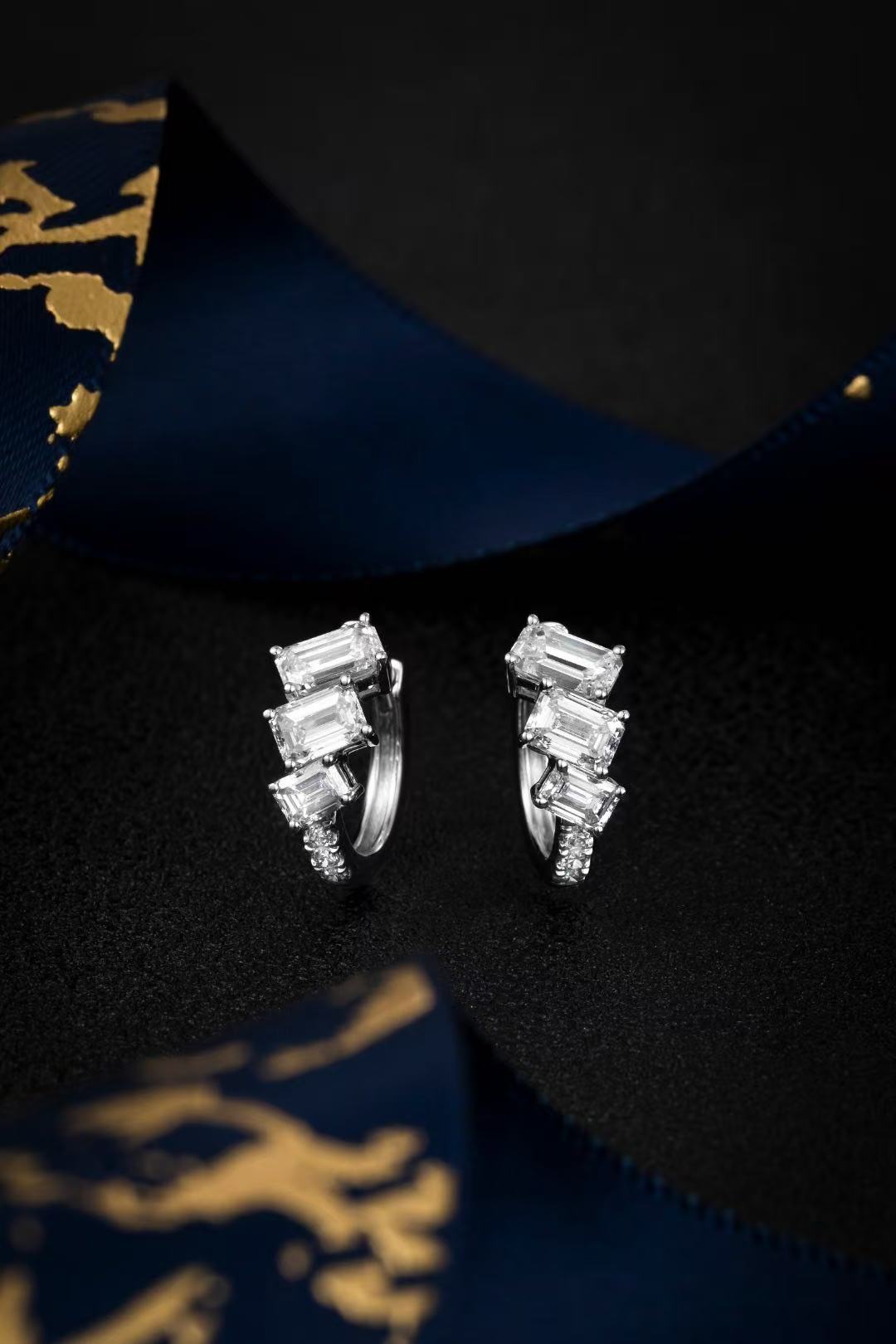 14K White Gold Emerald Cut Cluster Huggie Hoop Earrings