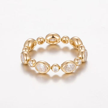 14K Yellow Gold Oval Bezel Bubble Link Diamond Band Ring(≈0.129ct/p Main stone)