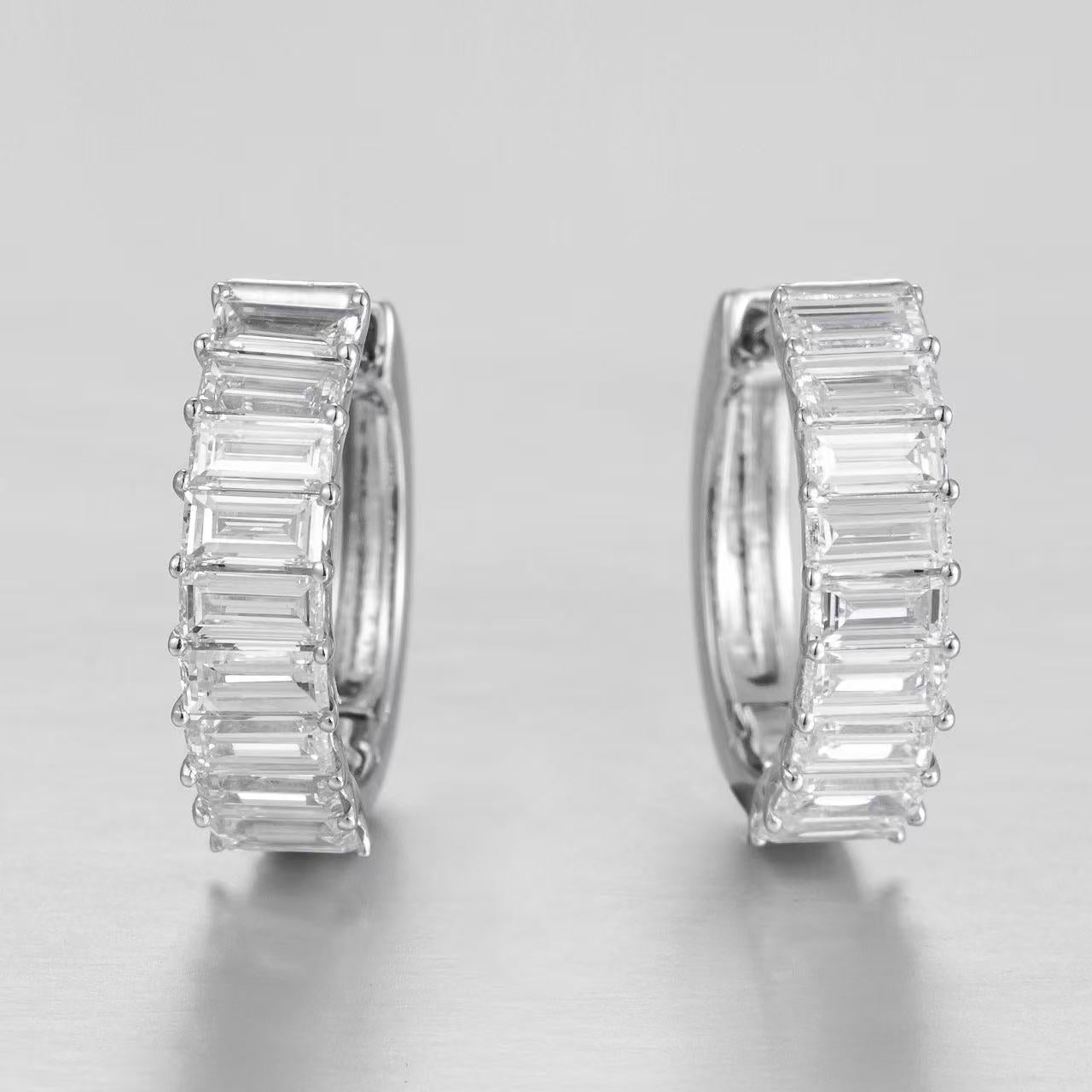 10K White Gold Full Pave Emerald Cut Huggie Hoop Earrings (≈0.048ct/p)
