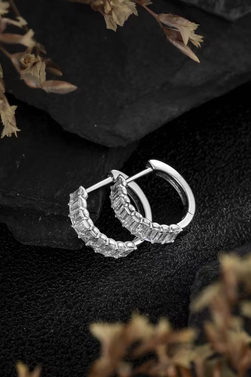 10K White Gold Full Pave Emerald Cut Huggie Hoop Earrings (≈0.048ct/p)