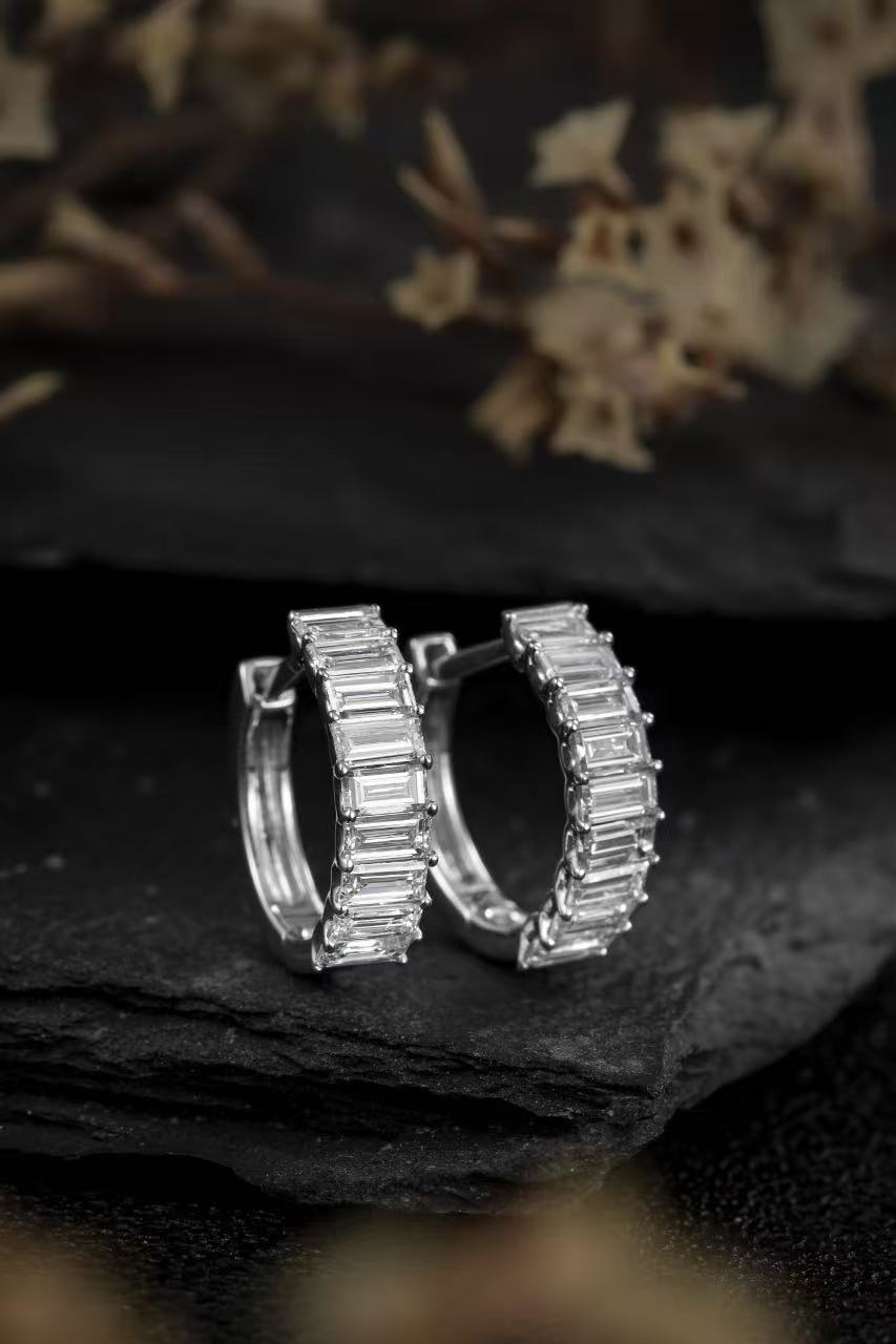 10K White Gold Full Pave Emerald Cut Huggie Hoop Earrings (≈0.048ct/p)