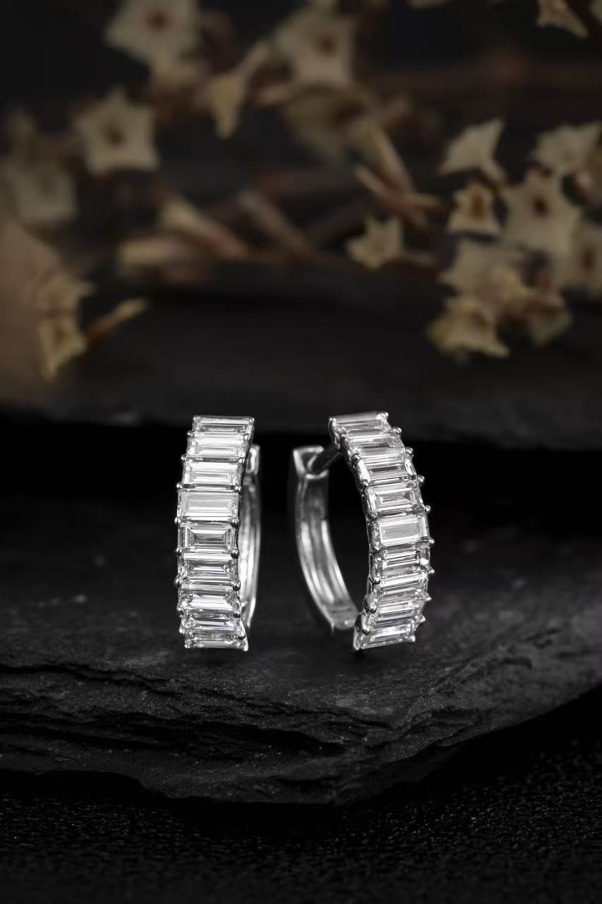 10K White Gold Full Pave Emerald Cut Huggie Hoop Earrings (≈0.048ct/p)