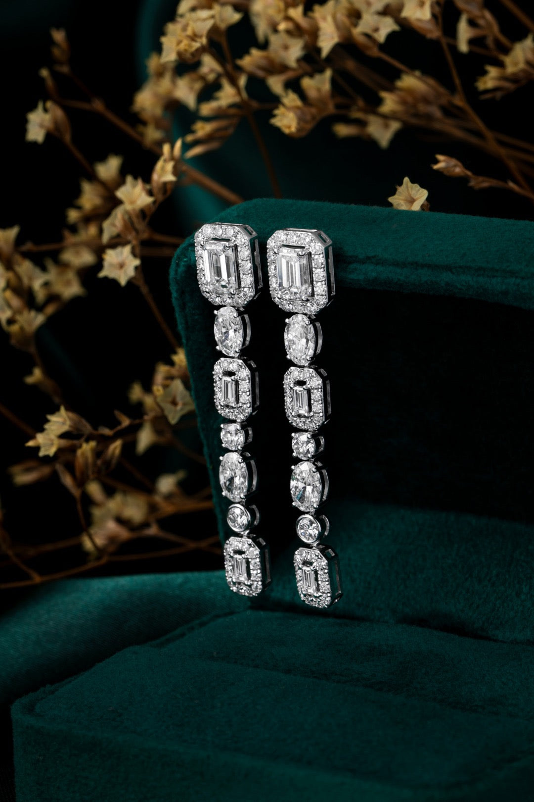 10K White Gold Multi-Cut Linear Drop Diamond Earrings