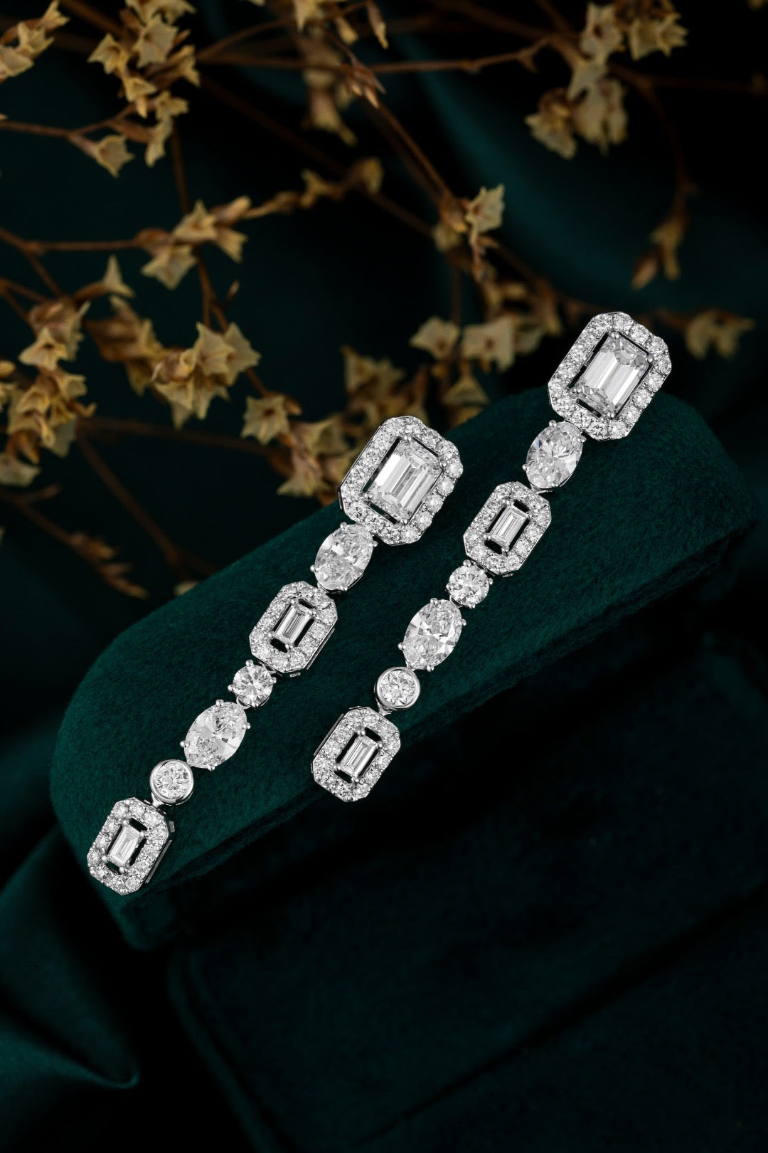 10K White Gold Multi-Cut Linear Drop Diamond Earrings