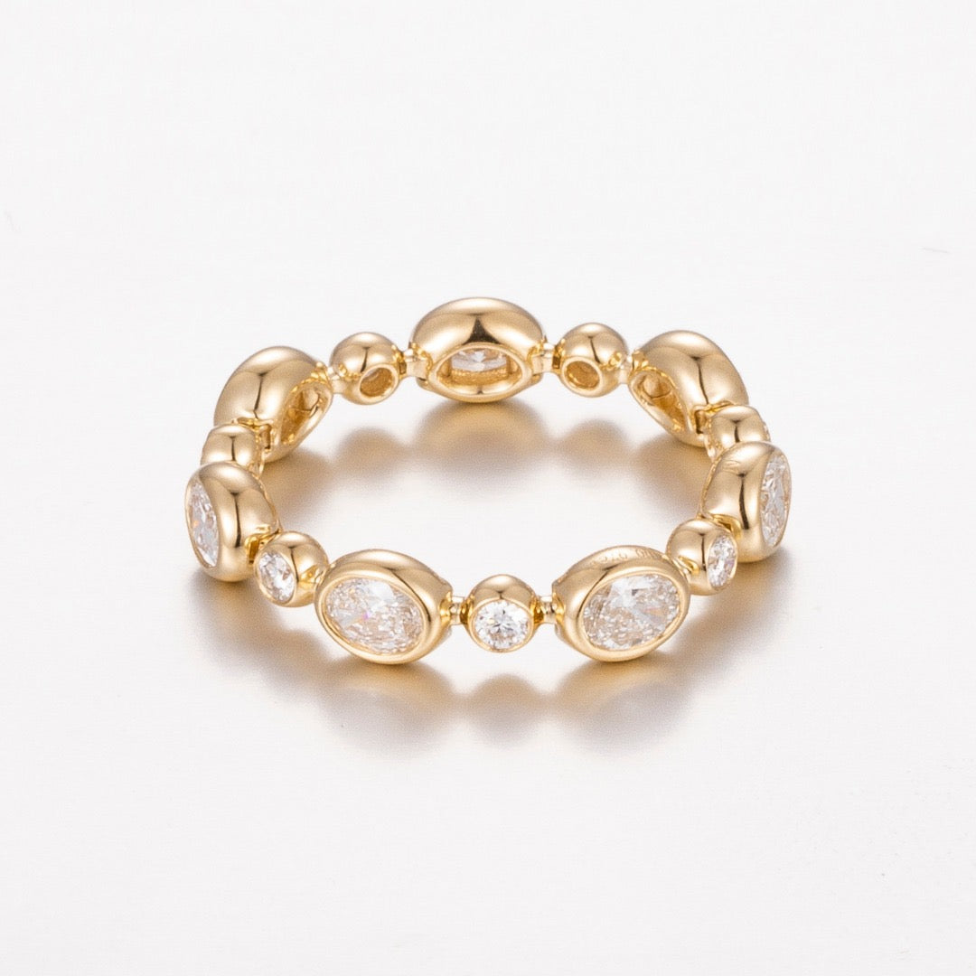 14K Yellow Gold Oval Bezel Bubble Link Diamond Band Ring(≈0.106ct/p Main stone)