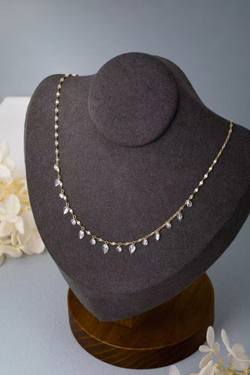 14K Yellow Gold Teardrop & Round Dangling Diamond Station Necklace