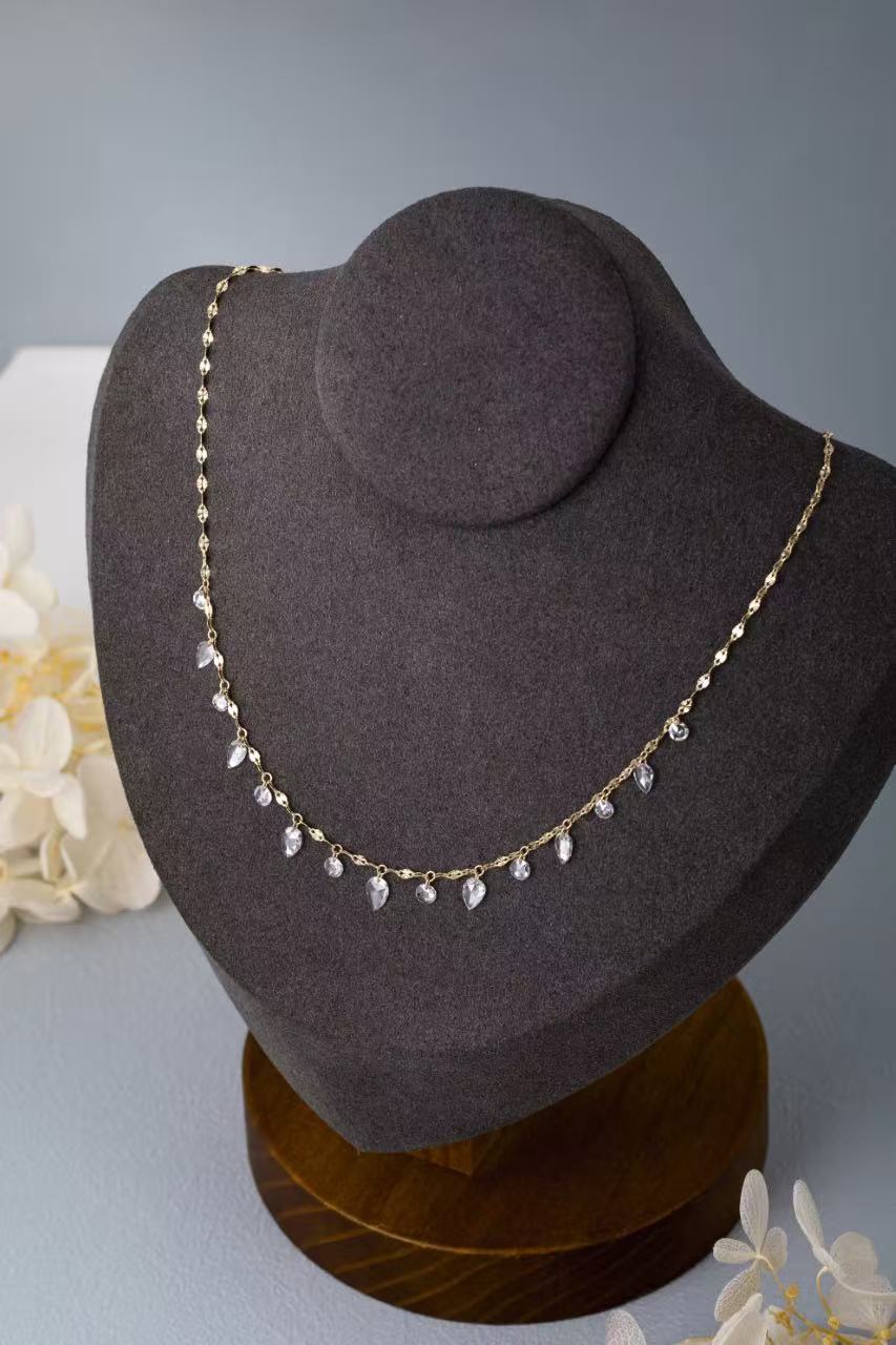 14K Yellow Gold Teardrop & Round Dangling Diamond Station Necklace