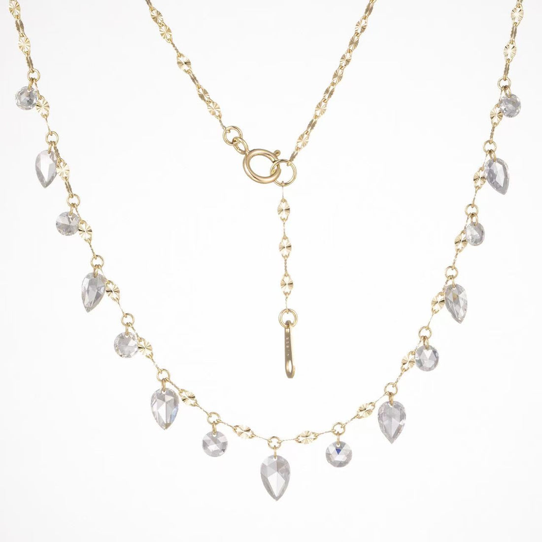 14K Yellow Gold Teardrop & Round Dangling Diamond Station Necklace