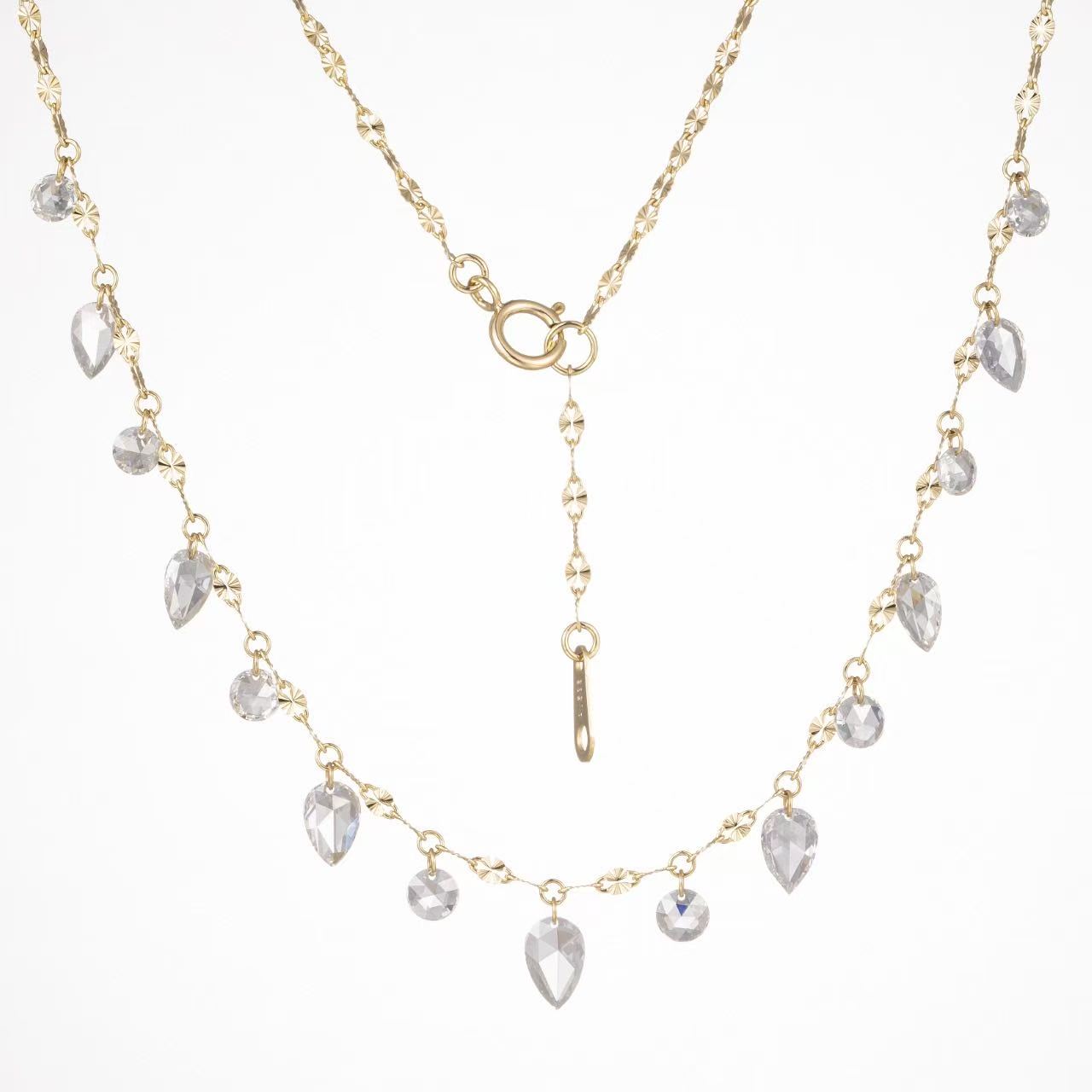 14K Yellow Gold Teardrop & Round Dangling Diamond Station Necklace