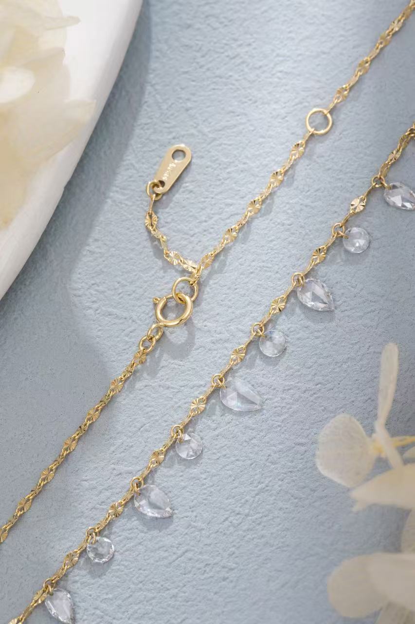 14K Yellow Gold Teardrop & Round Dangling Diamond Station Necklace