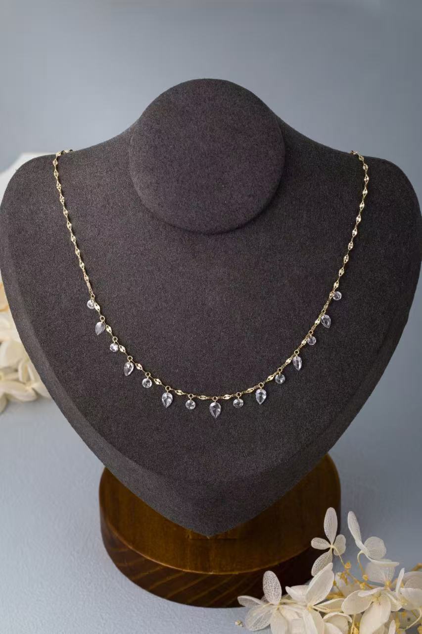 14K Yellow Gold Teardrop & Round Dangling Diamond Station Necklace