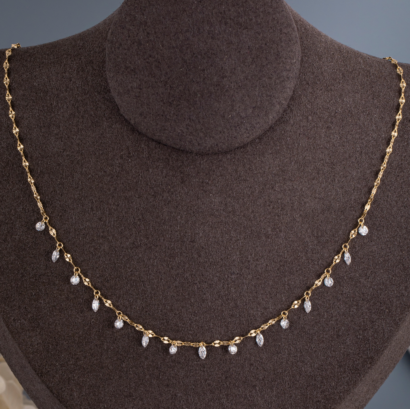 14K Yellow Gold Marquise & Round Dangle Diamond Station Necklace (≈0.067ct/p)