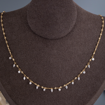 14K Yellow Gold Marquise & Round Dangle Diamond Station Necklace (≈0.067ct/p)