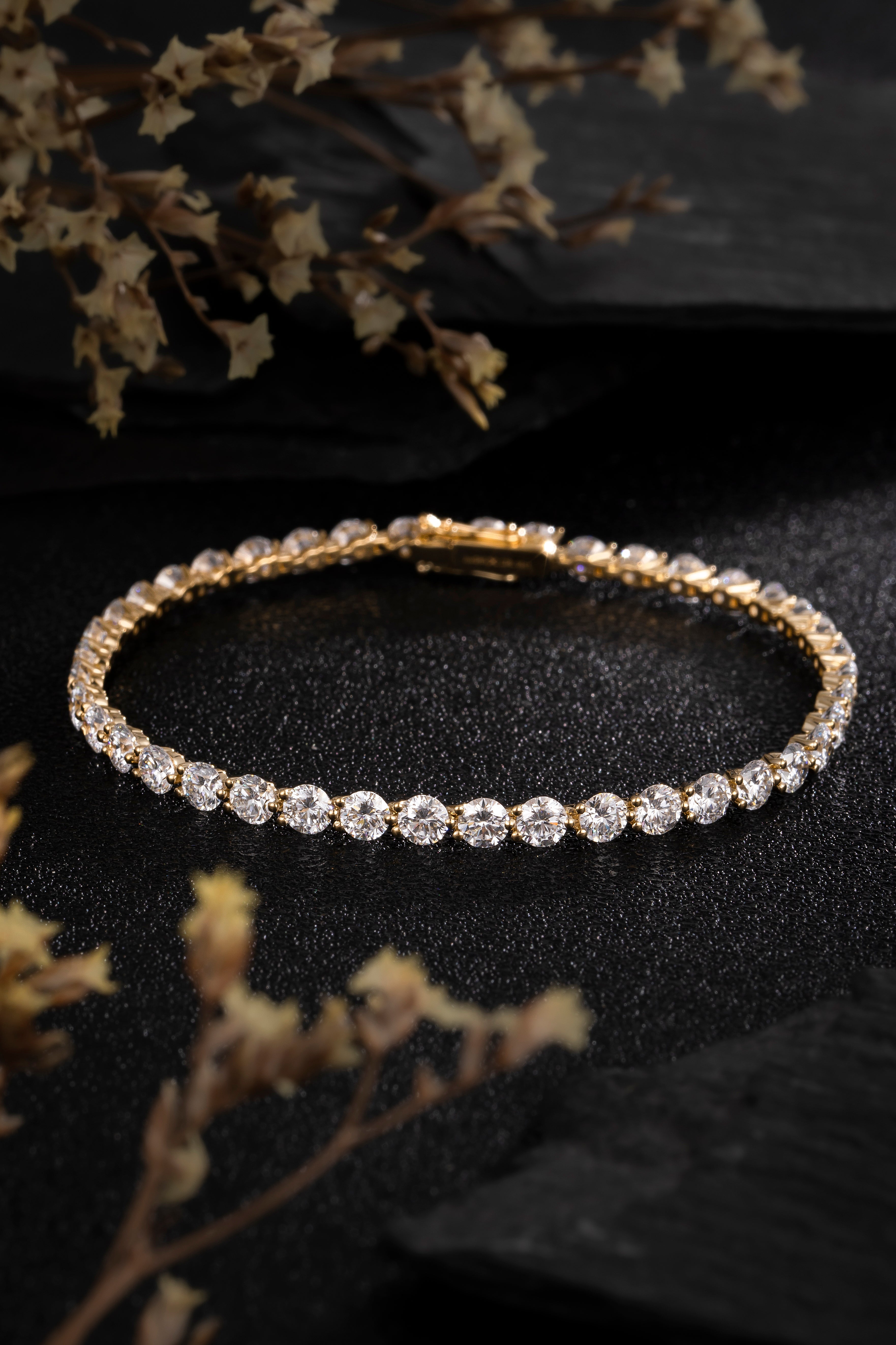 14K Yellow Gold Full Pave Round Diamond Tennis Bracelet (≈0.07ct/p)