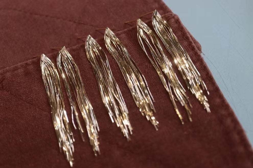 18K Yellow Gold Long Snake Chain Tassel Drop Earrings