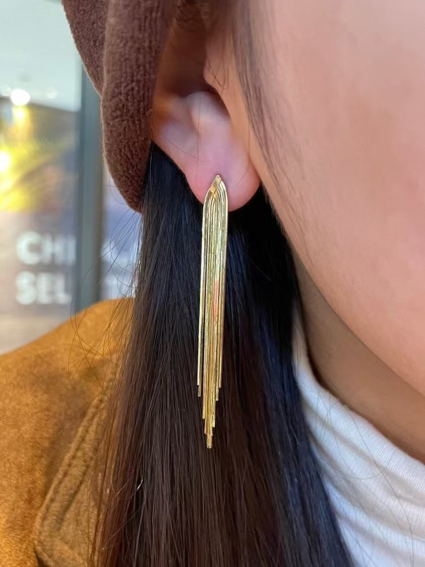 18K Yellow Gold Long Snake Chain Tassel Drop Earrings