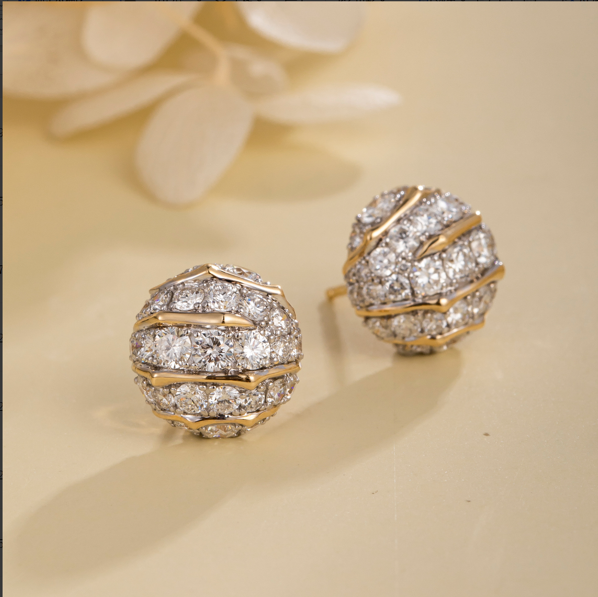 2CT Large Pave‑Set Lab‑Grown Diamond Dome Stud Earrings with Wavy Gold Bands in 14K