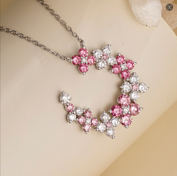 1.27CT Flower‑Linked Crescent Moon Pink & White Lab‑Grown Diamond Pendant Necklace in 14K