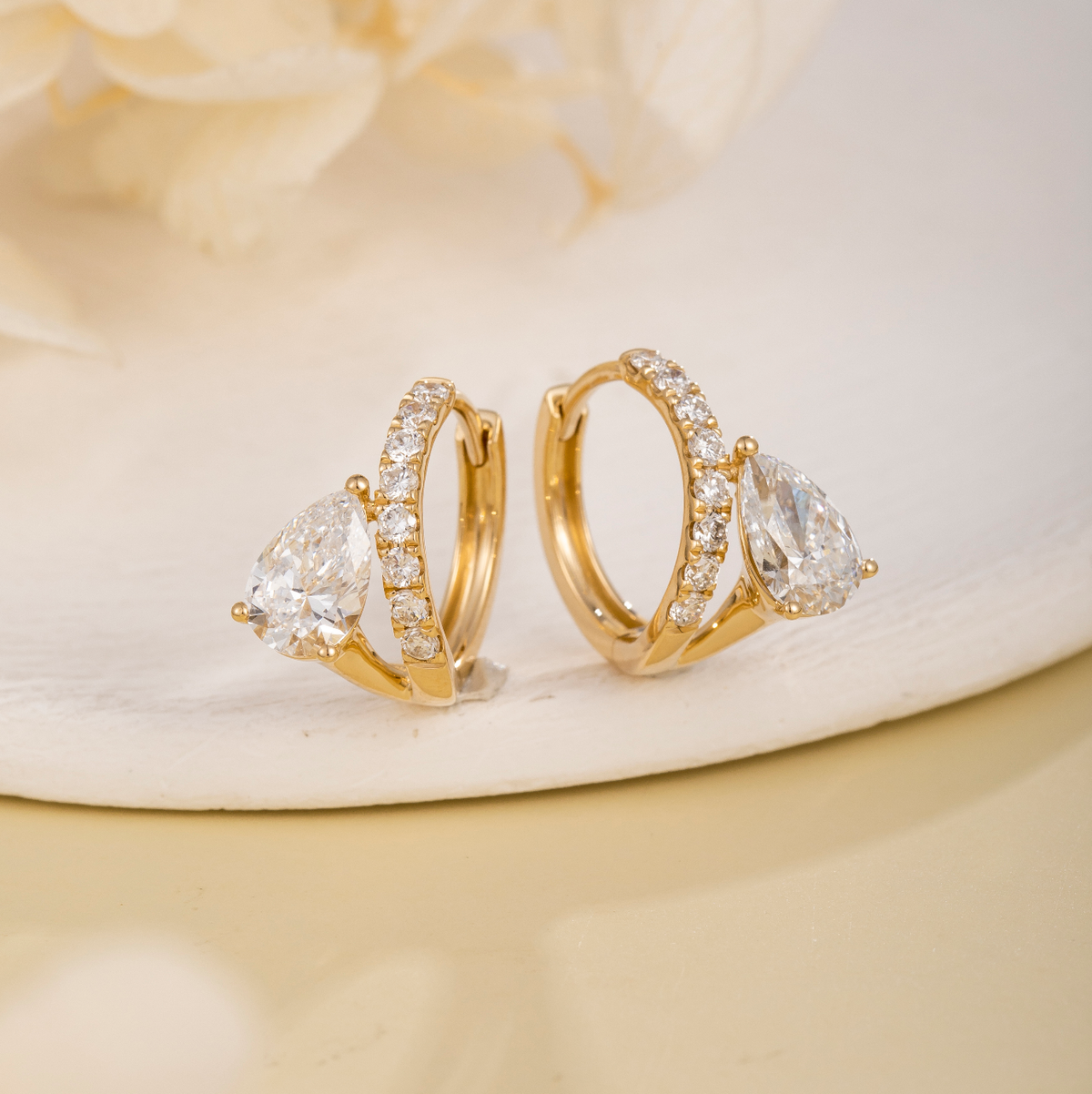 1.98CT Pear Lab‑Grown Diamond Huggie Earrings with Pavé Side Band in 14K Yellow Gold