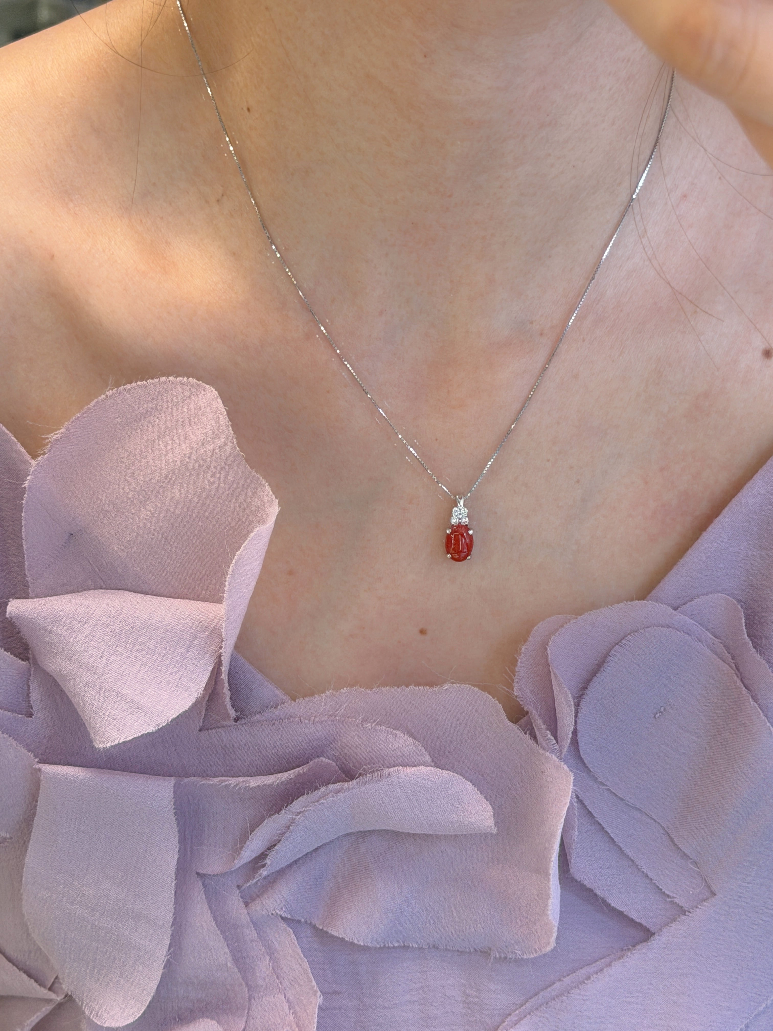 K18 Japanese Aka Coral 1.51ct Natural Diamond Pendant Necklace