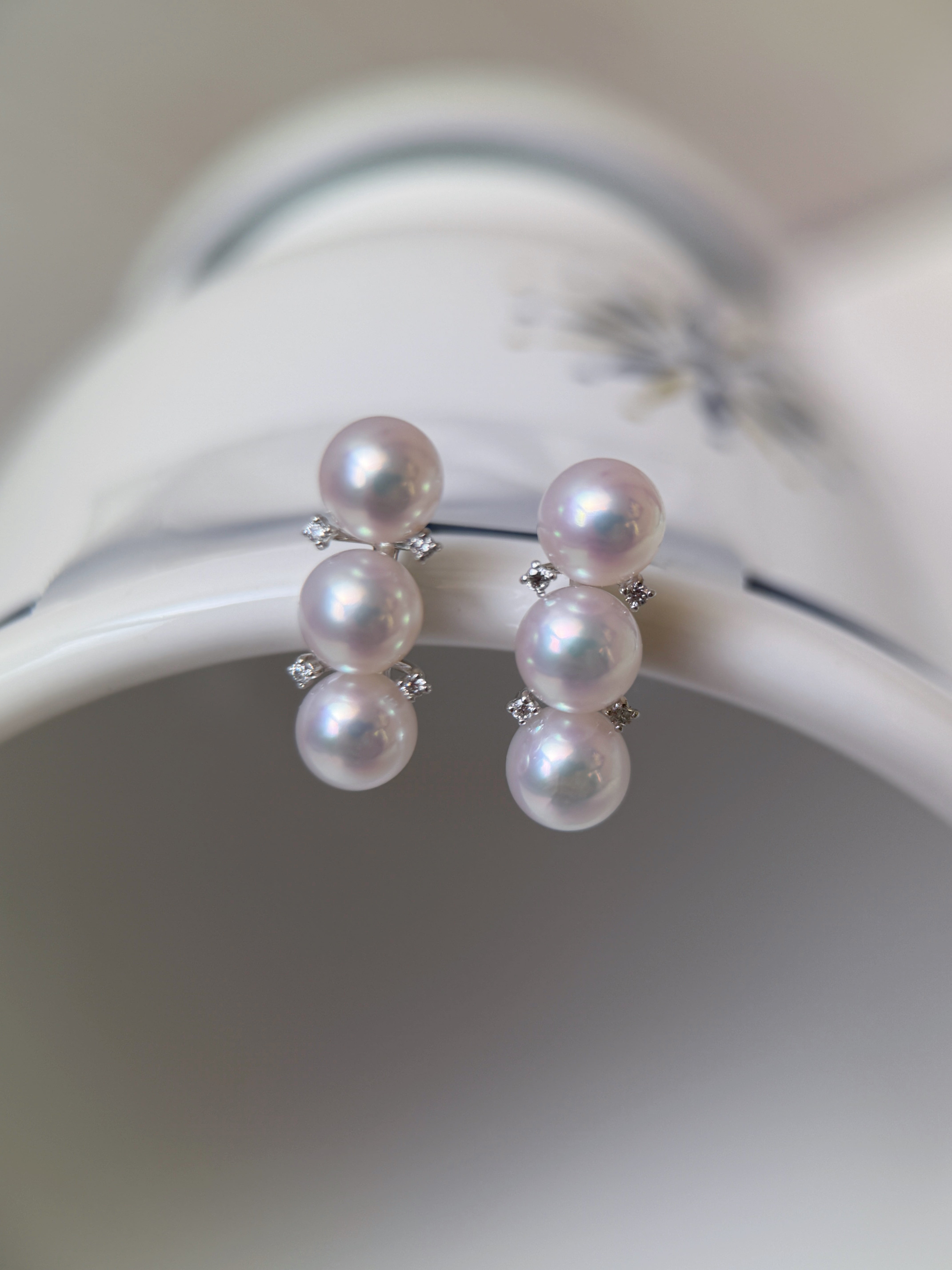 Japanese Akoya Pearl Triple Drop Diamond Platinum Stud Earrings