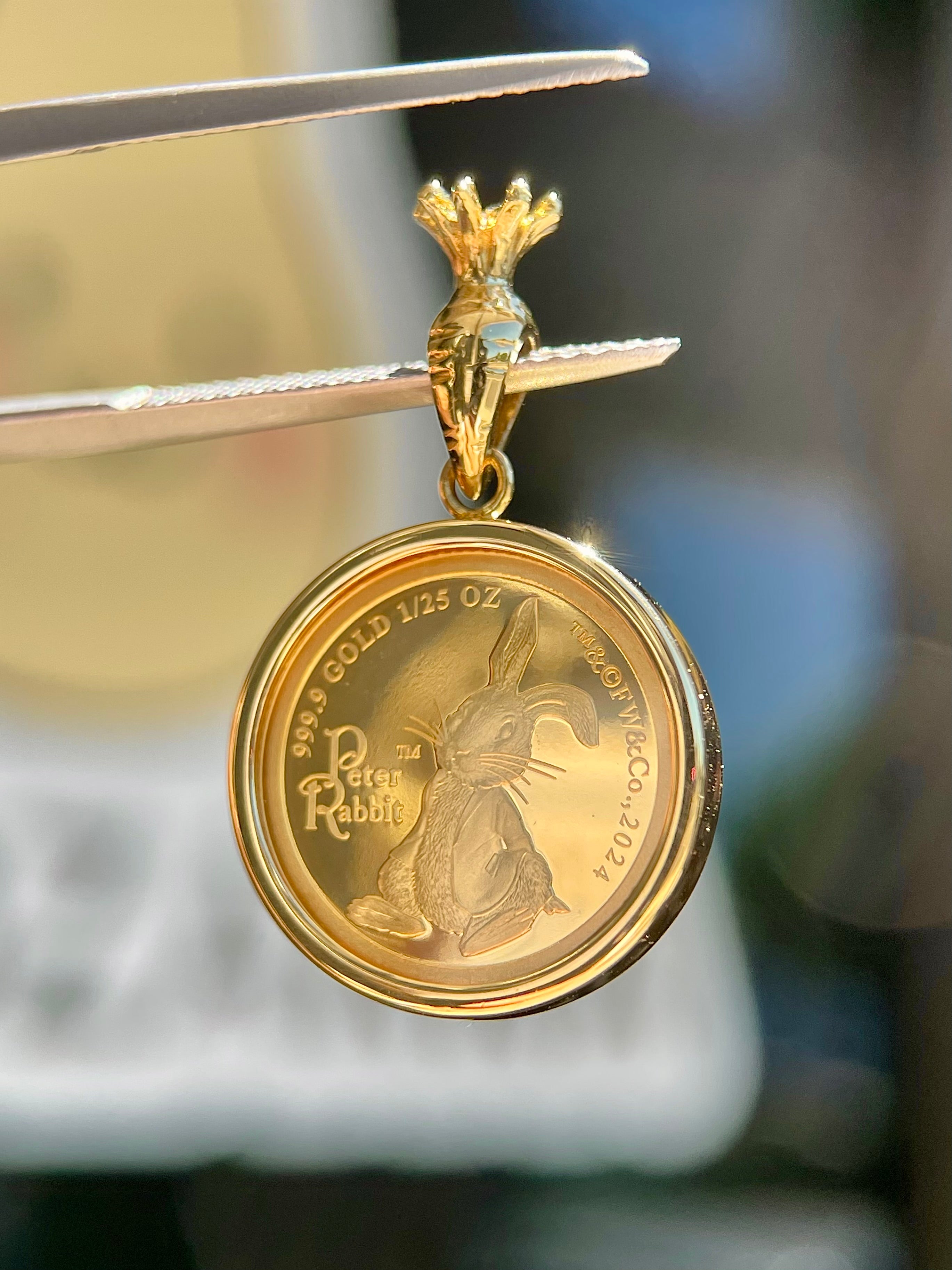 24K Peter Rabbit Gold Coin Pendant with 18K Gold Setting
